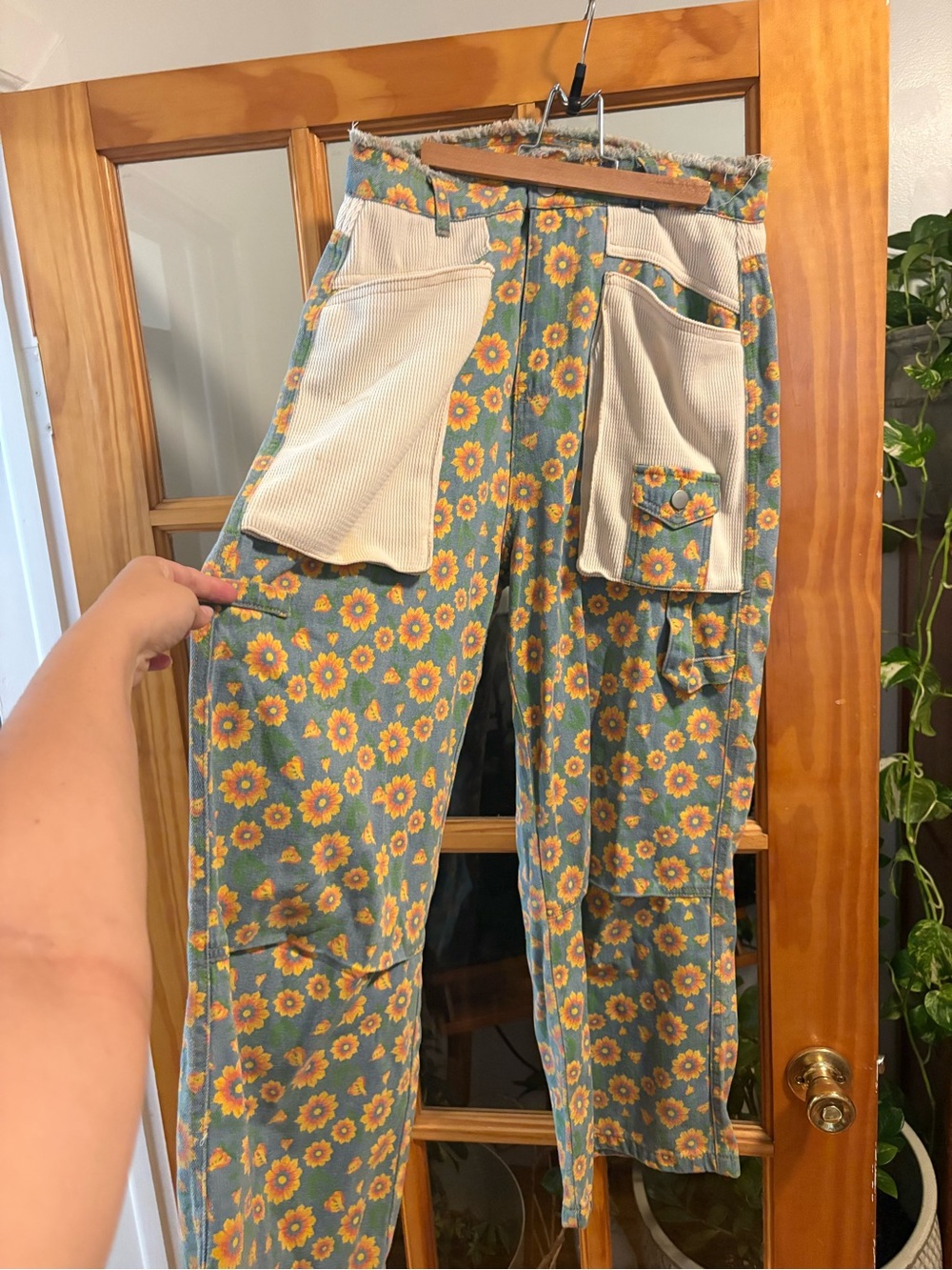 Sunflower Print denim flare Pants with Cream Pocket Panels